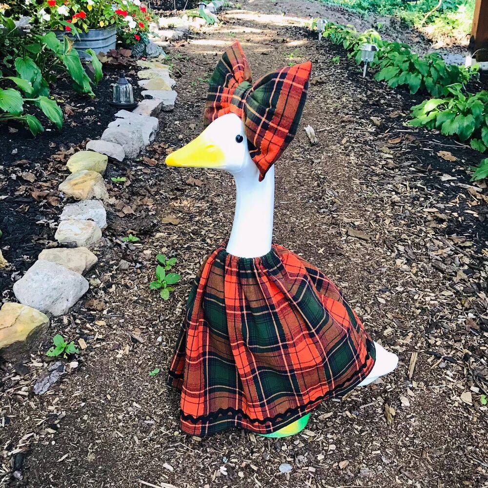 Porch Goose Dress & Bow Outfit For 18-23" Goose Handmade Fall Orange Black Plaid
